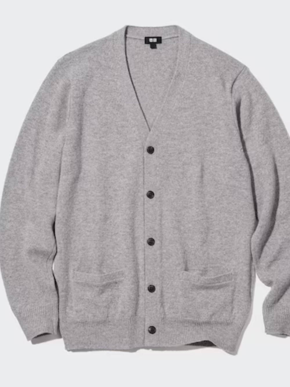 UNIQLO Light Gray Men’s V-Neck Button Cardigan, Cozy 100% Wool - wardrobe staple